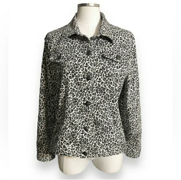 RUBY RD Grey Black Leopard Print Button Front Stretch Denim Jacket EUC! - Picture 8 of 9